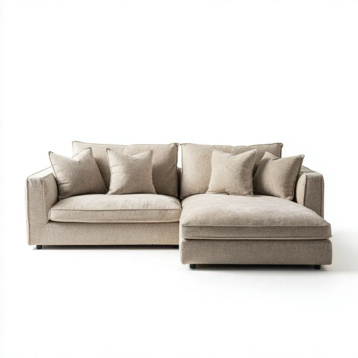 Beżowa sofa narożna w kształcie L z prawostronnym szezlongiem, tapicerka poliestrowa, 270 x 170 x 85 cm