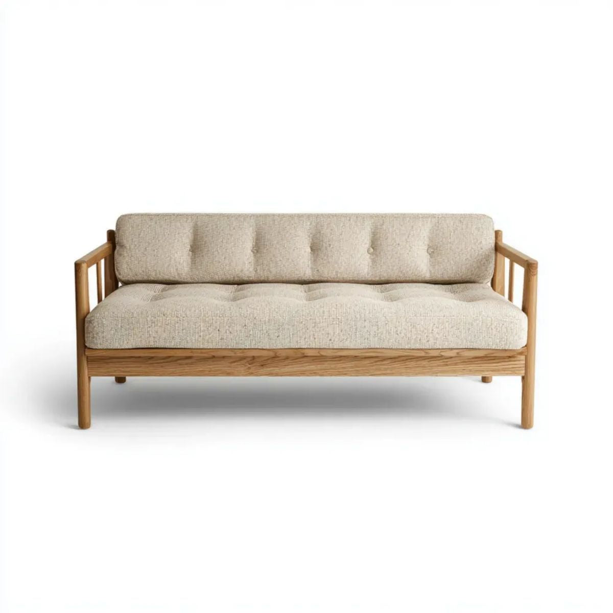 Trzyosobowa sofa beżowa z litego drewna dębowego i tkaniny poliestrowej, 190 × 80 × 78 cm