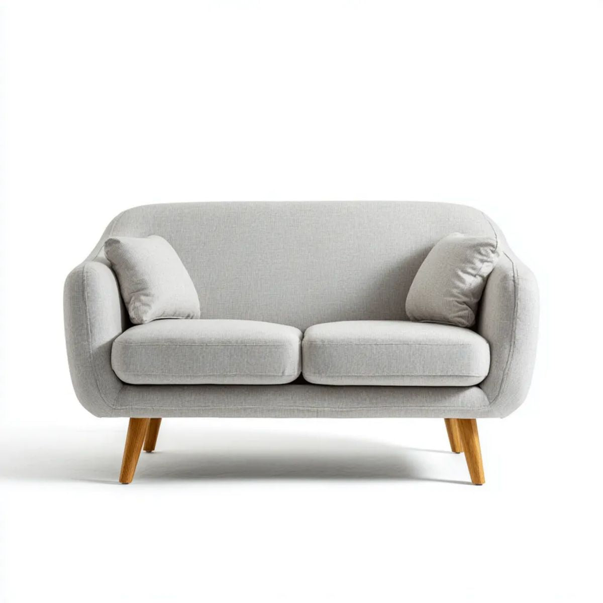 Dwuosobowa sofa jasnoszara z tapicerką z tkaniny poliestrowej na nogach z litego drewna, 160 x 85 x 82 cm