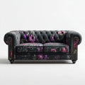 Dwuosobowa sofa Chesterfield z aksamitu poliestrowego, czarna w kwiaty, 180 x 90 x 78 cm