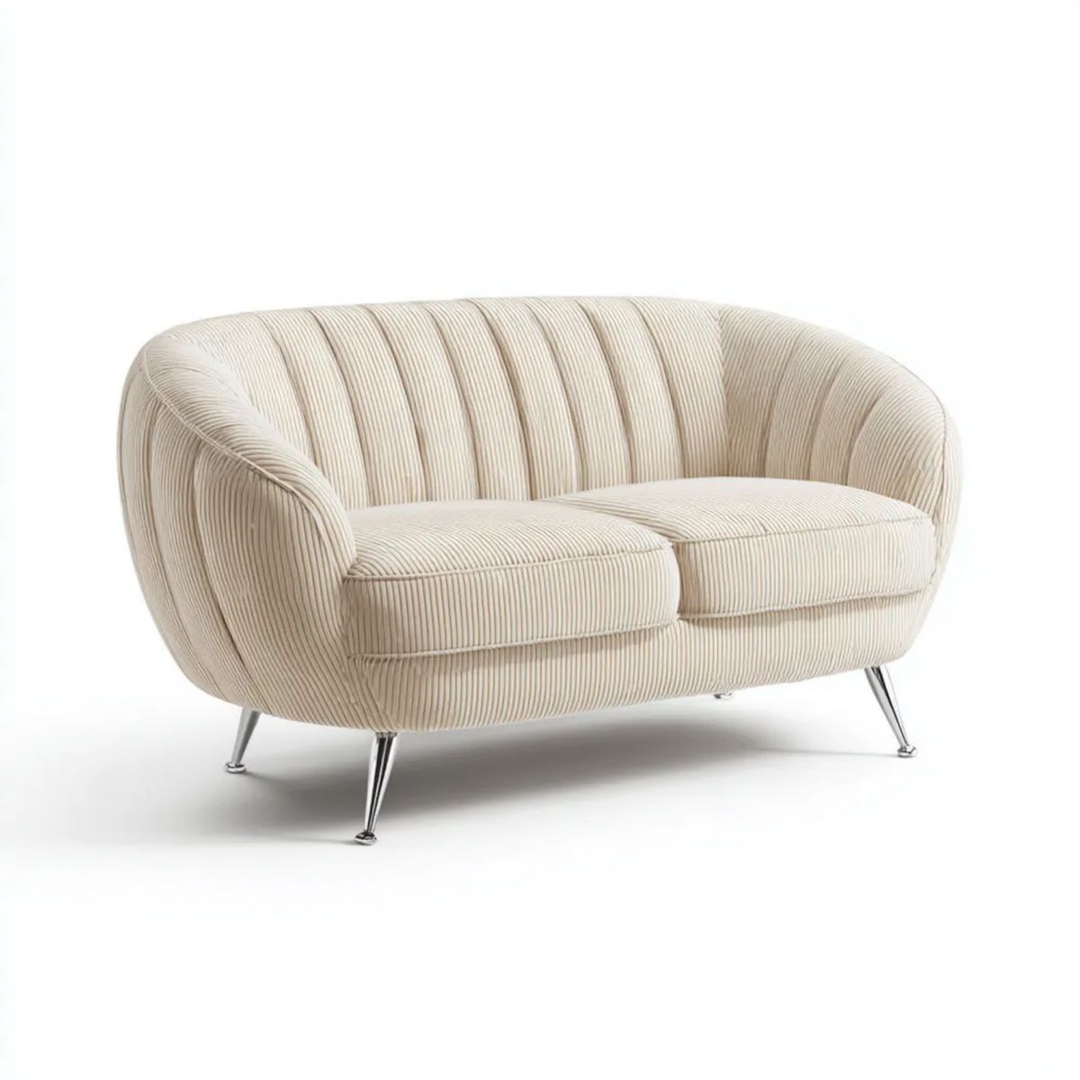 Kremowa owalna sofa dwuosobowa z poliestrowego sztruksu, 160 × 82 × 78 cm