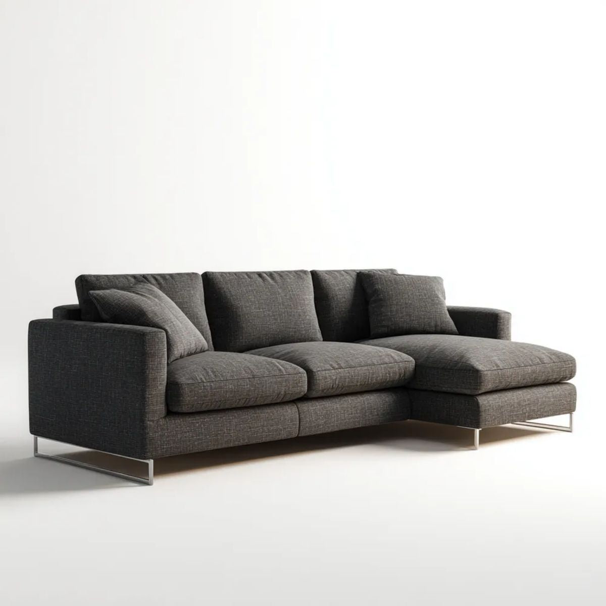 Grafitowa sofa narożna z prawostronnym szezlongiem, tapicerka poliestrowa, 260 × 160 × 85 cm