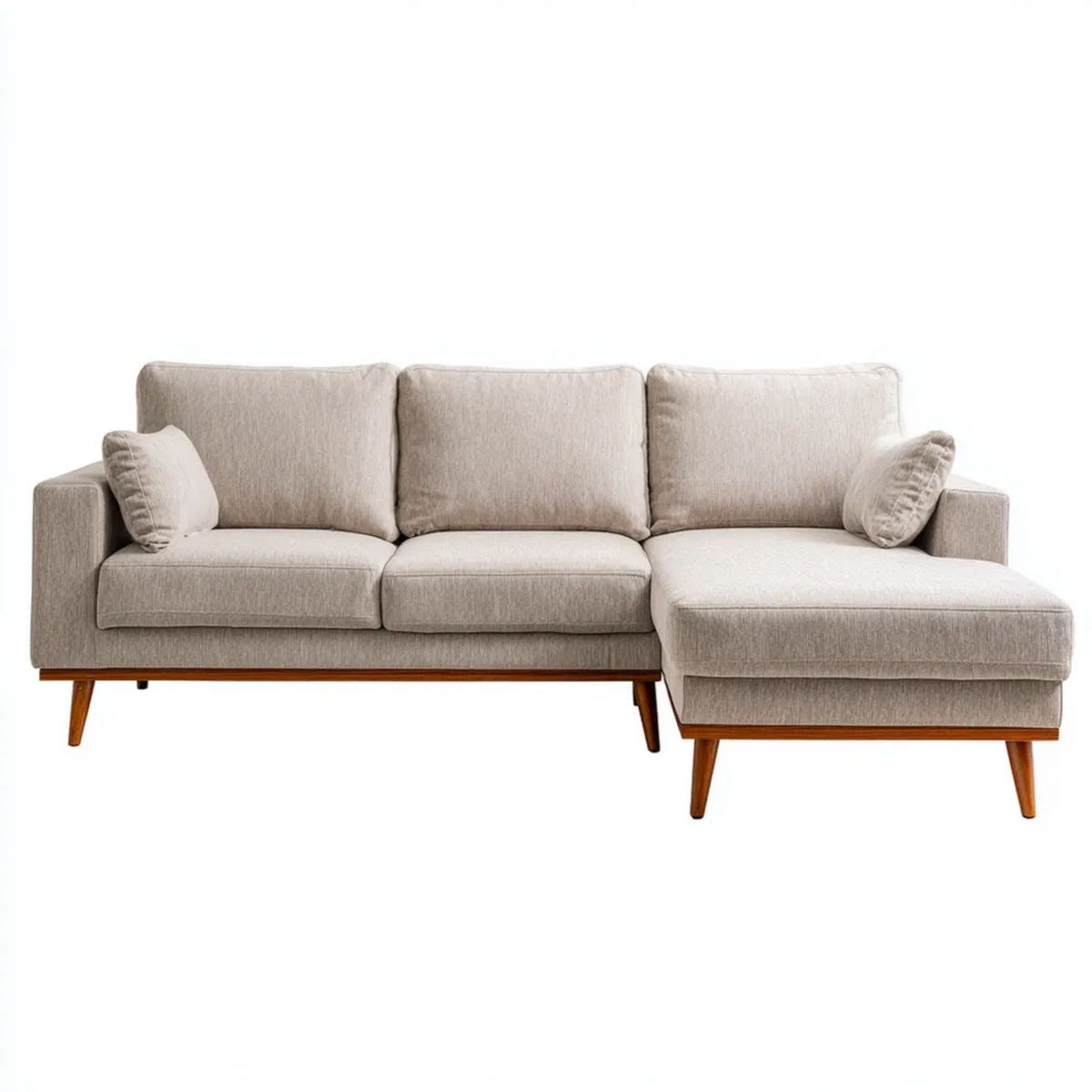 Beżowa sofa narożna z prawym szezlongiem, tapicerka poliestrowa, 260 x 160 x 85 cm