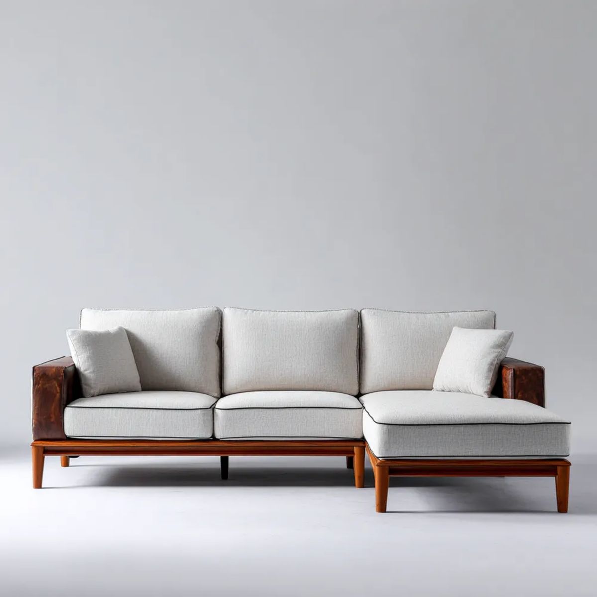 Prawostronna sofa narożna z szezlongiem jasnoszara i brązowa, tapicerka poliestrowa, drewniana rama, 250 x 160 x 82 cm