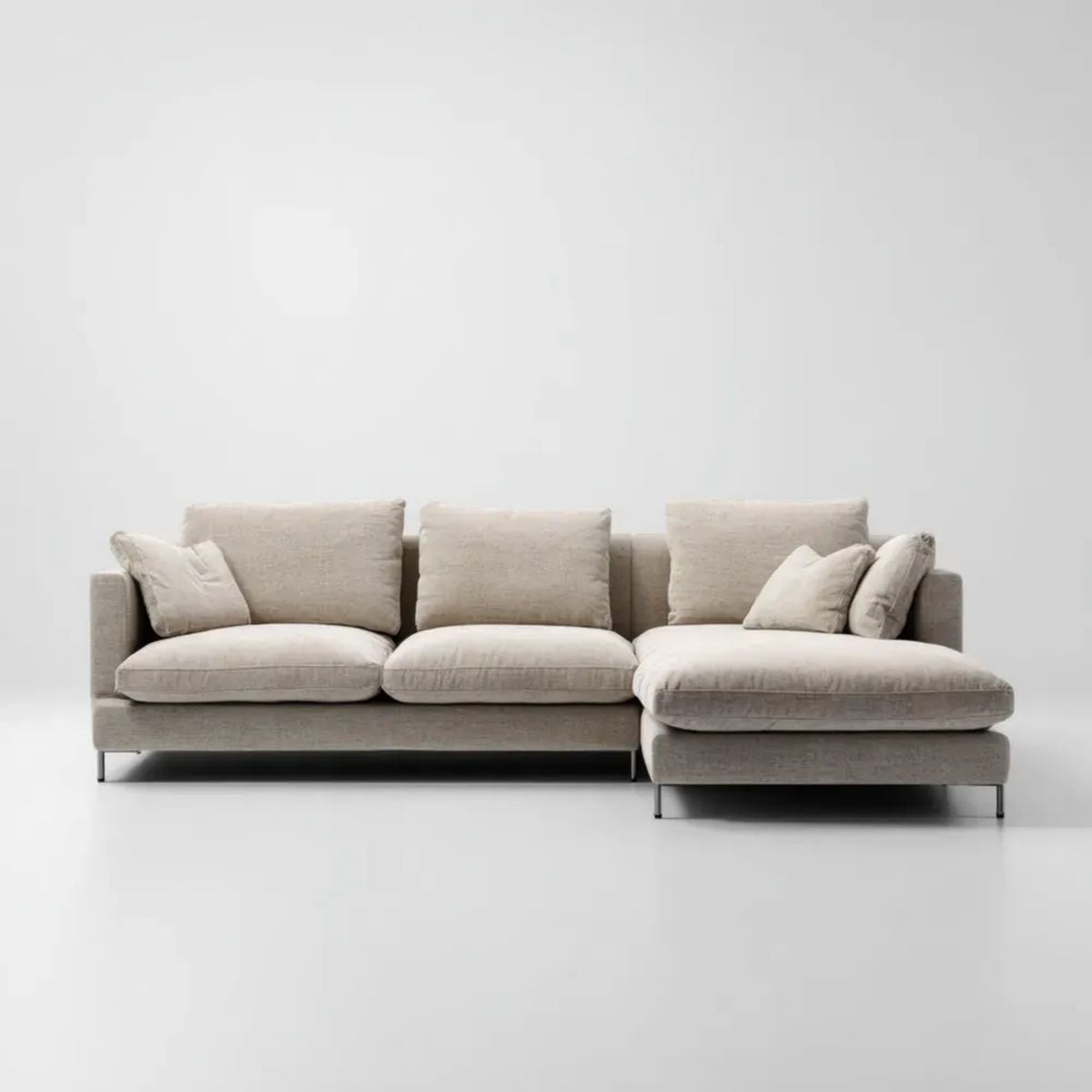 Beżowa sofa narożna w kształcie L z prawostronnym szezlongiem, tkaninowa, 290 × 165 × 85 cm